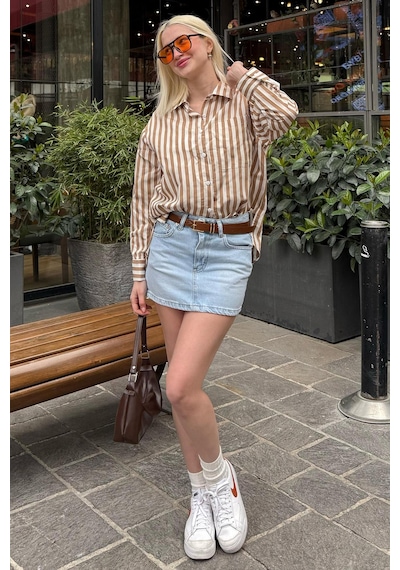 Madmext Bej Cep Detaylı Çizgili Kadın Gömlek Mg2295 Bej