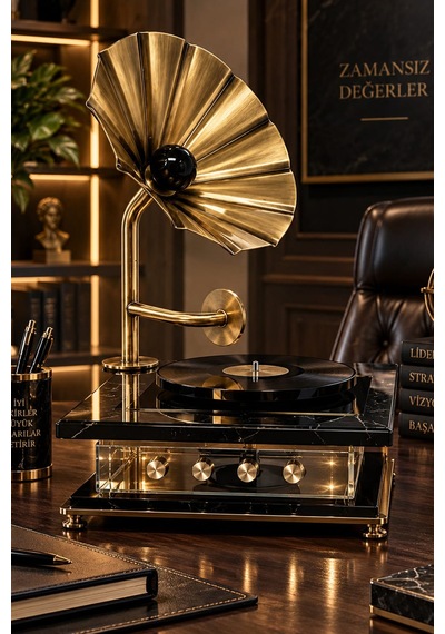 Retro Gramofon Pikap Tasarımlı Dekoratif Masaüstü Obje Siyah Kaideli 15x30 Cm 3-1