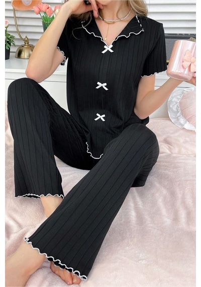 Bella Notte Pamuklu Siyah Fitilli Mevsimlik Kadın Pijama Takımı