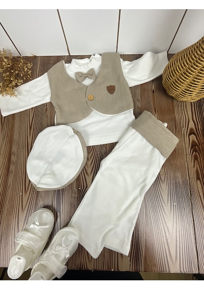 Zıpır Bebe Papyonlu Bebek Takım Açık Kahverengi