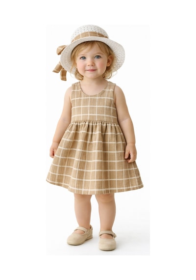 Chicsy Baby Tatlı Kız Bebek Ekose Tarz Elbise Şapkalı Fiyonk Detaylı Yazlık 2 Li Kombin Bej