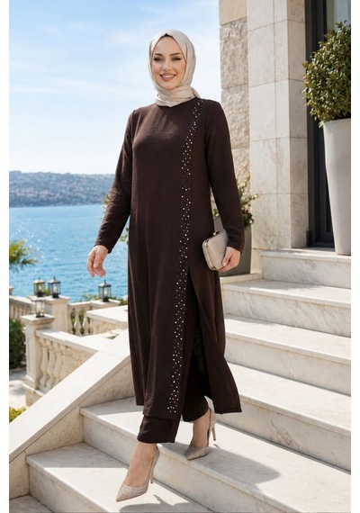 Hb Harma Time Butik Kadın İnci İşlemeli Kahverengi Tunik-pantolon İkili Takım