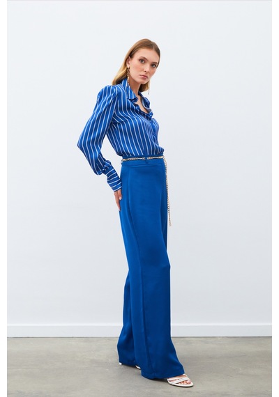 Sateen Zincirli Saten Krep Pantolon - İndigo-134887 İndigo