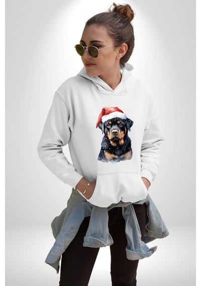 Yeni Yıl Noel Rottweiler Kadın Erkek Beyaz Kapüşonlu Sweatshirt Hoodie Beyaz