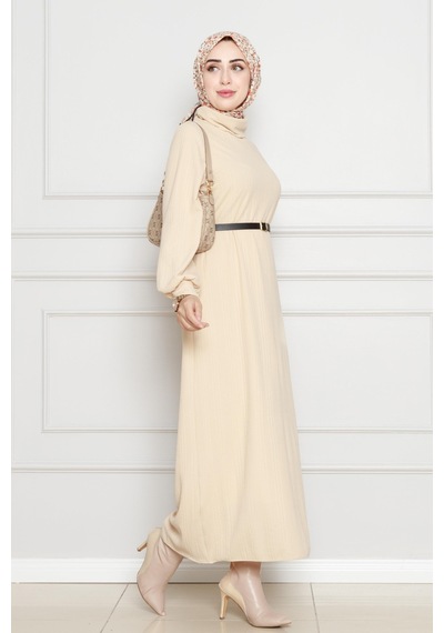 Sevitli Balıkçı Yaka Kemerli Elbise-bej-4555 Bej