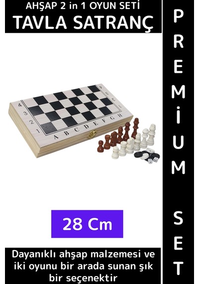 Özel Model Arkadaş Oyun Hediyelik Ahşap Kutulu Tavla Dama Satranç Kompakt Premium Oyun Seti 28 Cm