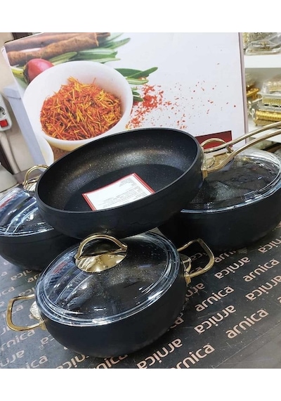 Oms Espela 7 Parça Granit Tencere Seti Siyah Gold 3544