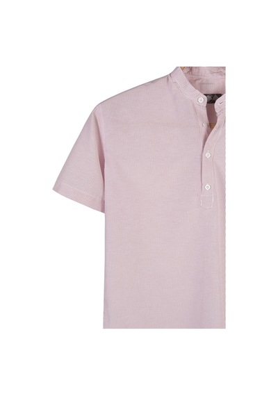Erkek Açık Bordo Hakim Yaka Yarım Patlı Dik Çizgili Kısa Kollu Slim Fit Gömlek Açık Bordo