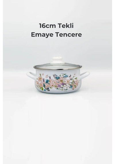 Emaye Güveç Tencere 16 Cm - İndüksiyon Uyumlu - Cam Kapaklı - Kuş Desenli Beyaz