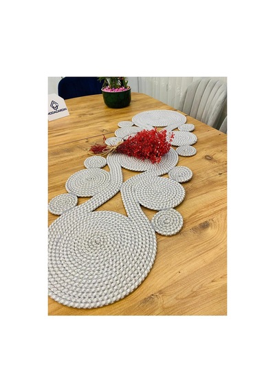 Jüt, Hasır,sarmal Model, Dekoratif Masa Örtüsü, Runner 40x110 Cm, Sehpa Örtüsü, Bohem Tarzı Gri Beyaz Gri Beyaz