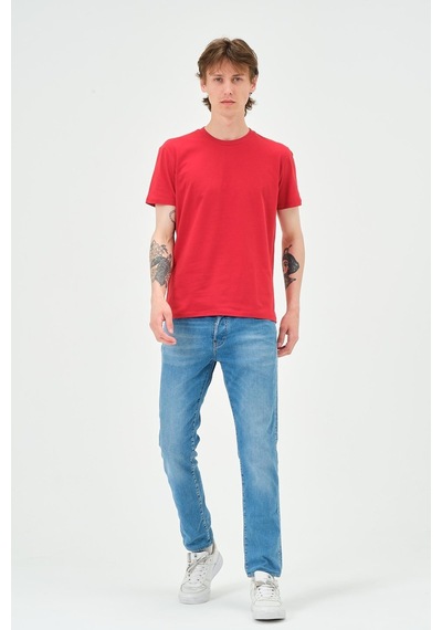 Erkek Bisiklet Yaka Regular Kalıp T-shirt Kırmızı Siyah