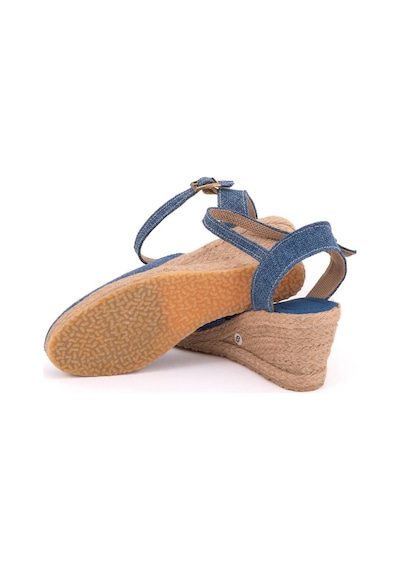 Gerçek Elişi Topuğu Açık Bilekten Bantlı Dolgu Topuk Keten Hasır Espadril Handmade Mavi