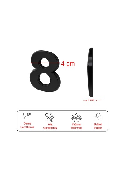 Lexroo Yapışkanlı Kapı Numarası Küçük Boy 50 Mm 5 Cm Numara 8 Rakam Sekiz Sayı Siyah Renk Numaralar Standart