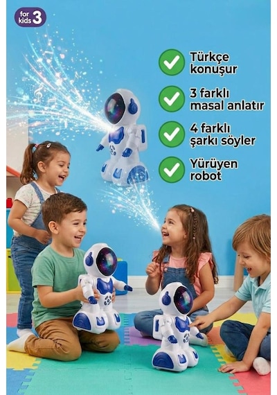 Türkçe Konuşan Sesli Işıklı Müzikli 4 Farklı Şarkı 3 Farklı Masal Söyleyebilen Yürüyen Oyuncak Robot