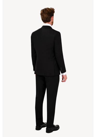 Erkek Siyah Sivri Yaka Yelekli Slim Fit Takım Elbise