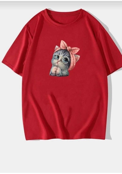 Kozia Outdoors Sevimli Kedi Baskılı Oversize Basic O Yaka Unisex T-shirt Kirmizi