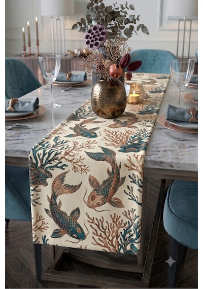 Premium Masa Runner Dijital Baskılı Soyut Şekil Desenli Dekoratif Salon Mutfak Yemek Masası Runner Örtüsü 45x140 Cm Haki