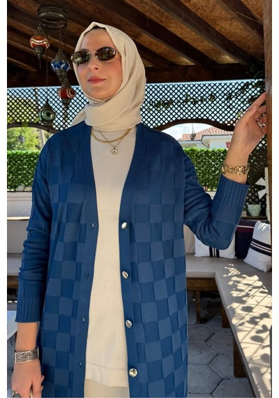 Rabia Şamlı Dama Desenli Triko Hırka İndigo Normal
