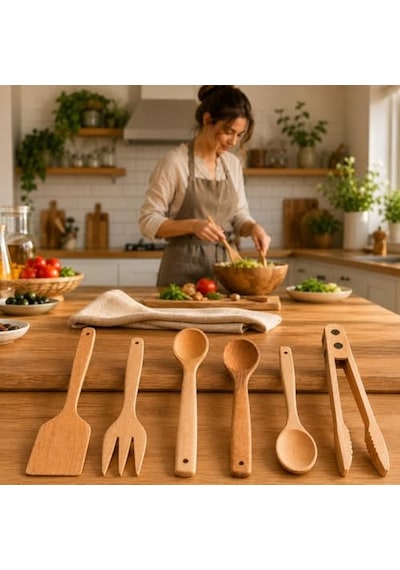 6 Parça Mutfak Spatula Ve Kaşık Seti Doğal Ahşap Çizilmez Yapışmaz Tencereye Uyumlu Kaşıklık Hediyeli