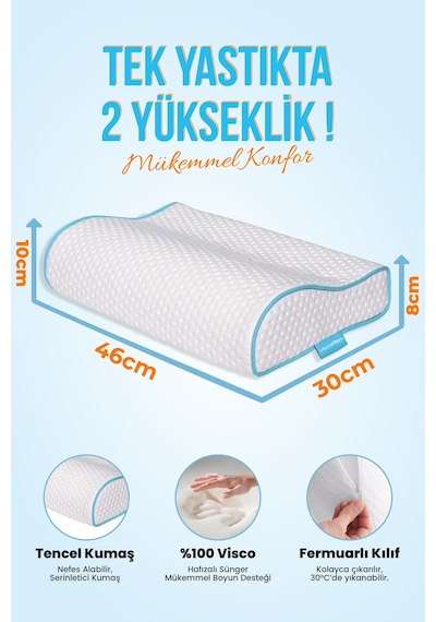 Viscofoam Küçük Boyun Destekli Ortopedik Yastık Visco Yastık 46x30x10-8cm