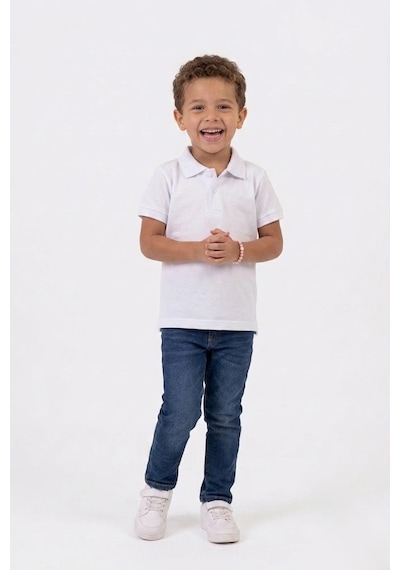 Nacar Store Unisex Çocuk Polo Yaka Kısa Kollu Lakost Tişört Okula Dönüş Beyaz