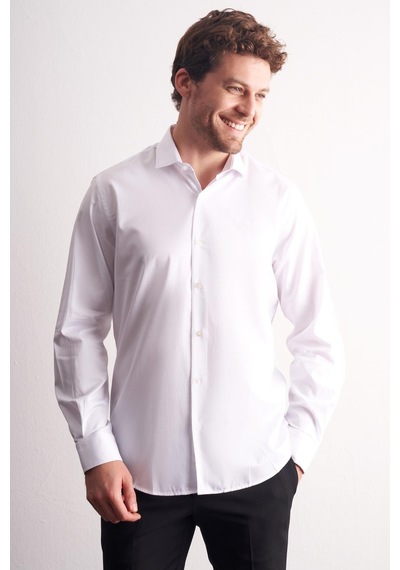 İmza Beyaz Yarım İtalyan Yaka Uzun Kol Premium Slim Fit %100 Pamuk Gömlek 1004255197 Beyaz