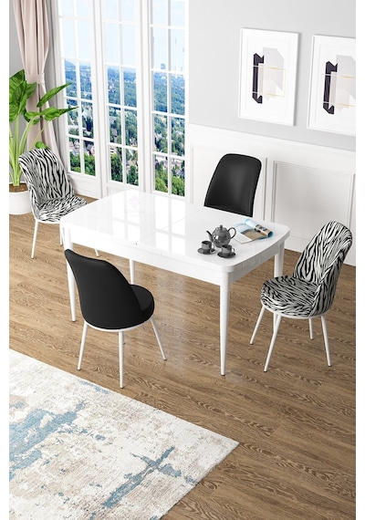 Canisa Kor Serisi 70x114 Açılabilir Mutfak Masası Takımı Beyaz Masa 2 Zebra Desen 2 Siyah Sandalye 2 Zebra Desen + 2 Siyah Canisa Kor Serisi 70x114 Açılabilir Mutfak Masası Takımı Beyaz Masa 2 Zebra Desen 2 Siyah Sandalye 2 Zebra Desen + 2 Siyah