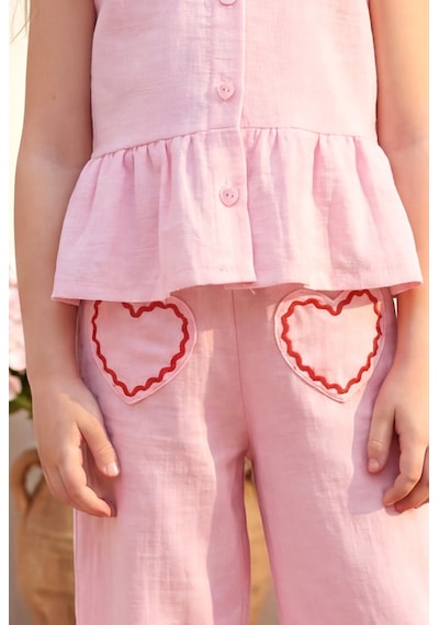 Magu Kız Çocuk Pamuklu Pembe Bebe Yaka Kalp Cep Detaylı Bluz Pantolon Takım