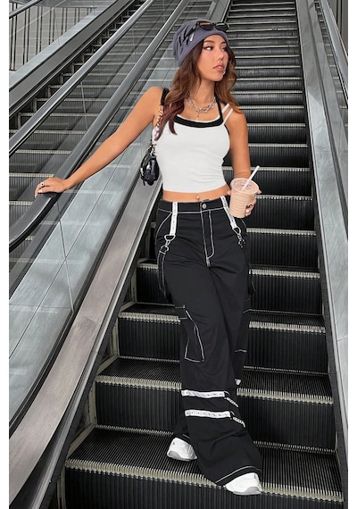 Fantezia Night Kadın Siyah Beyaz Çift Renk Çapraz Askılı Crop Top Bluz