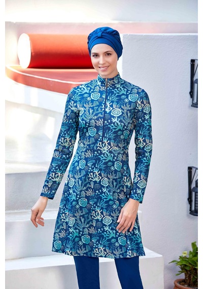 Fulla Moda Desenli 4 Lü Tesettür Mayo İndigo