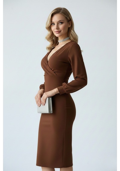 Defymoda Kadın Klasik Kesim Manşetli Elbise Kahverengi