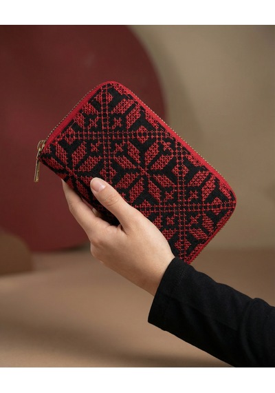 Zaytoon Filistin Geleneksel Kırmızı Nakışlı Tek Fermuarlı Kadın Büyük Cüzdeni 14x9 Cm A100029 Kırmızı