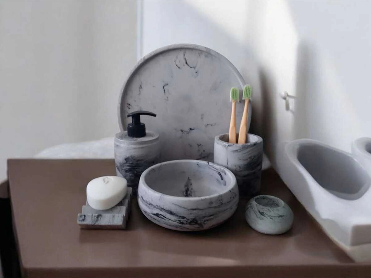 Mermer Desen Antrasit Beton Banyo Seti,tepsi,sıvı,katı Sabunluk,havluluk,mumluk Antrasit