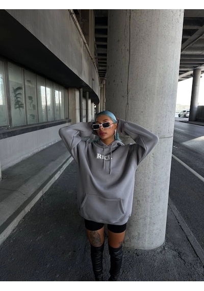 Hazego Uzun Kol Kapşonlu Göğüs Baskılı Sweatshirt - Gri Gri