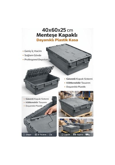 40 60 25 Cm Gri Menteşe Kapaklı Plastik Kasa