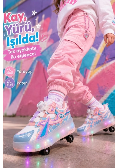 Muggo Pato Çocuk Işıklı Patenli Tekerlekli Sneaker Spor Ayakkabı Pudra