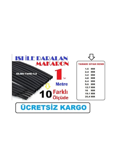 Isıyla Daralan Makaron Kablo Seti (10 Çeşit 1 Er Metre Siyah )