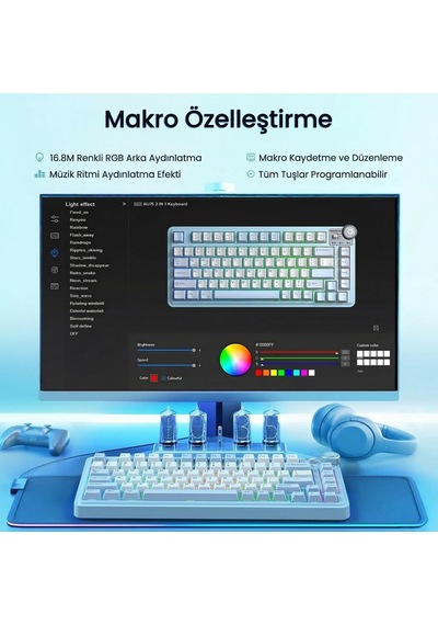 Aula Au75 3 Modlu Mekanik Gaming Kablosuz Klavye Rgb Tkl Hot Swap Star Vector Switch Makrolu Oyuncu Klavyesi Buz Mavisi