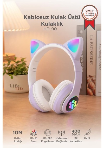 Özel Seri Dinleme Teknoloji Kedi Bluetooth Kulaklık Kulak Üstü Hd90 Mor