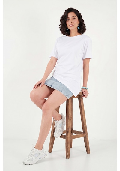 Lela Pamuklu Yanı Büzgülü Asimetrik Kesim Bisiklet Yaka T Shirt Bayan T Shirt 5867017 Beyaz