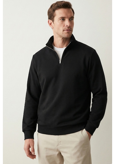 Elemge Pamuklu Erkek Sweatshirt Siyah Soft Touch Relax Fit Yarım Fermuarlı Dik Yaka 3 Iplik Nefes Alan