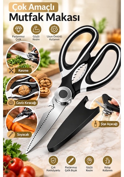 Porsima Pbt-934 Çok Fonksiyonlu Paslanmaz Çelik Mutfak Makası 20 Cm - Koruyucu Kılıflı Et, Tavuk, Balık Kesme & Ceviz Kıracaklı Mutfak Makası Siyah