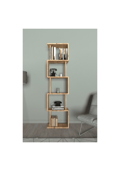 Lavellan Riva Labirent Kitaplık 5 Raflı Modern Dekoratif Kitaplık Ünitesi Atlantik Çam