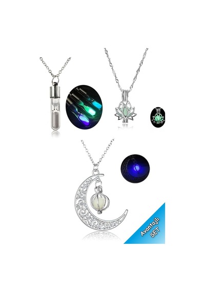 Karanlıkta Parlayan Lotus Çiçeği, Kum Saati, Desenli Ay Kolye Set Çok Renkli