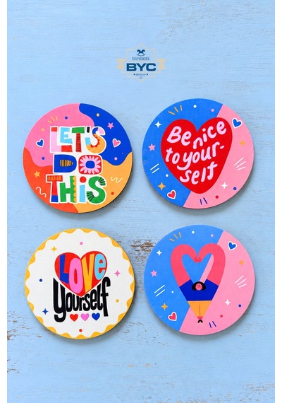 Love Yourself Pop Art 4 Lü Bardak Altlığı Seti, 9 Cm, 3 Mm Mdf, Uv Baskı Çok Renkli