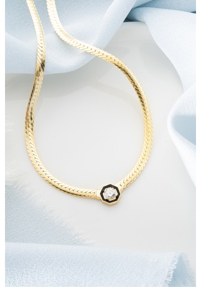Çekirdekjewelry 925 Ayar Gümüş Şık Zincir Kolye Balık Sırtı Model Zirkon Taşlı Sarı