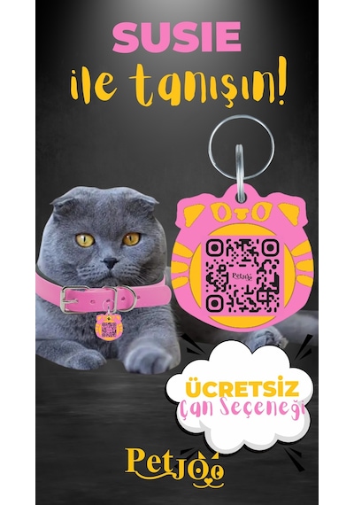 Petjoo 3.Susie Sarı-Pembe Qr'lı Kedi Künyesi