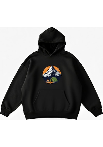 Maki Home Makiteks Siyah Pamuklu Unisex Kanguru Cepli Kapüşonlu Rahat Kesim Camping Baskılı Sweatshirt SiYAH
