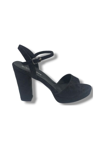 Erbay 321-26 Simli İşlemeli Saten Tek Bant Kalın Topuk Kadın Sandalet 11cm Siyah
