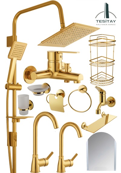Lüks Mutfak Lavabo Banyo Bataryası Robot Duş Seti Aynalı Aksesuar Takımı Gold Renk Altın
